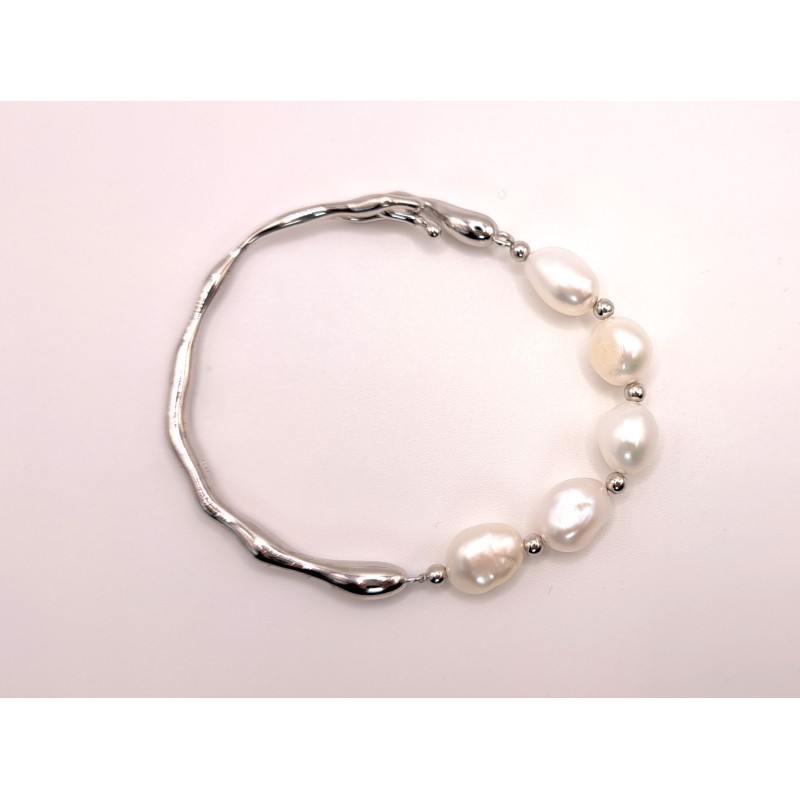 copia de PULSERA "MARY PEARLS"  DISEÑO SEMI RIGIDO CON 5 PERLAS CULTIVAS EN PLATA RODIADA